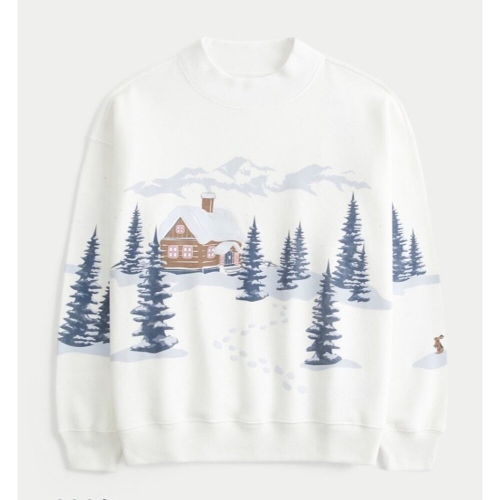 New Hollister Feel Good Oversized Medium Puff‎ Print Winter Sweatshirt Mock Neck